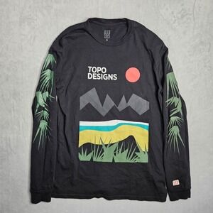 Topo Designs T-Shirt Mens Large Long Sleeve Graphic Tee Black Crew Neck Logo